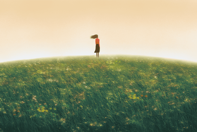 Conceptual Of A Women Walking In A Green Grass